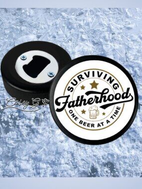 🏒NEW**Surviving Fatherhood**Father's Day Gift*REAL Hockey Puck Bottle Opener